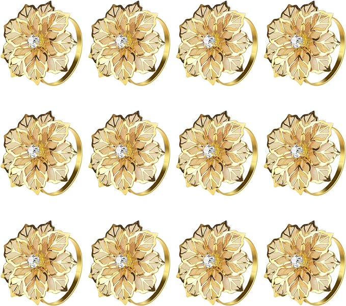 KPOSIYA Flower Napkin Rings Holder Metal Gold Napkin Rings Set of 6 for Wedding Party Holiday Banquet Christmas Dinner Delicate Serviette Buckles Decor Favor (6, Flower-Gold)