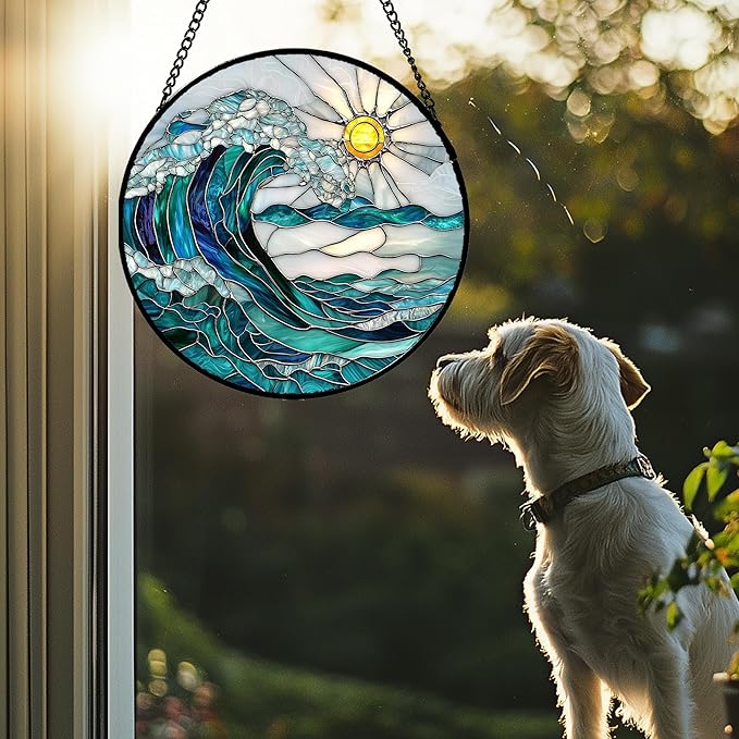 Stained Glass Window Hanging - Blue Green Waves Suncatcher for Door Terrace Garden Home Decor Sunrise Over The Sea Sun Catcher Birthday Gifts for Lovers Women Men Dad Mom Nana 6.3 in