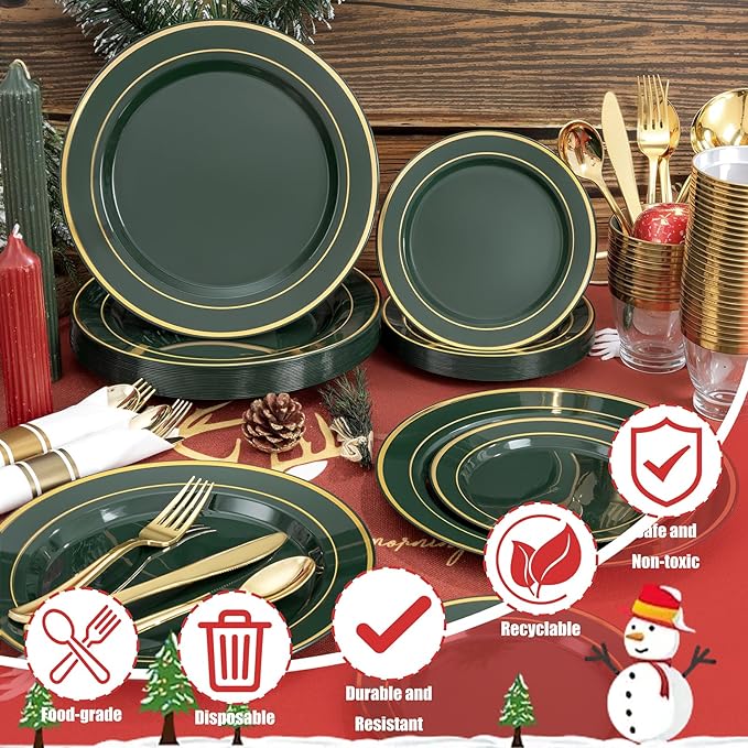 175PCS Green Plastic Plates - Green and Gold Disposable Plates 25Guests Plastic Christmas Plates with Rolled Napkins for Birthday/Christmas