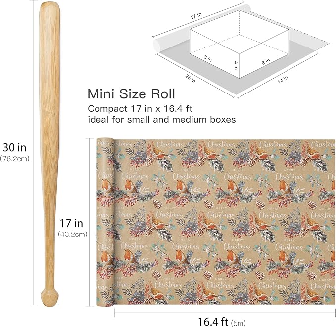 RUSPEPA Kraft Christmas Wrapping Paper Roll, Mini Roll, Vintage Bird on Pine Branch Design with Merry Christmas, Natural Scene Gift Wrap for Women, Friends, Family, Xmas Gifts, 17 Inches x 16.4 Feet