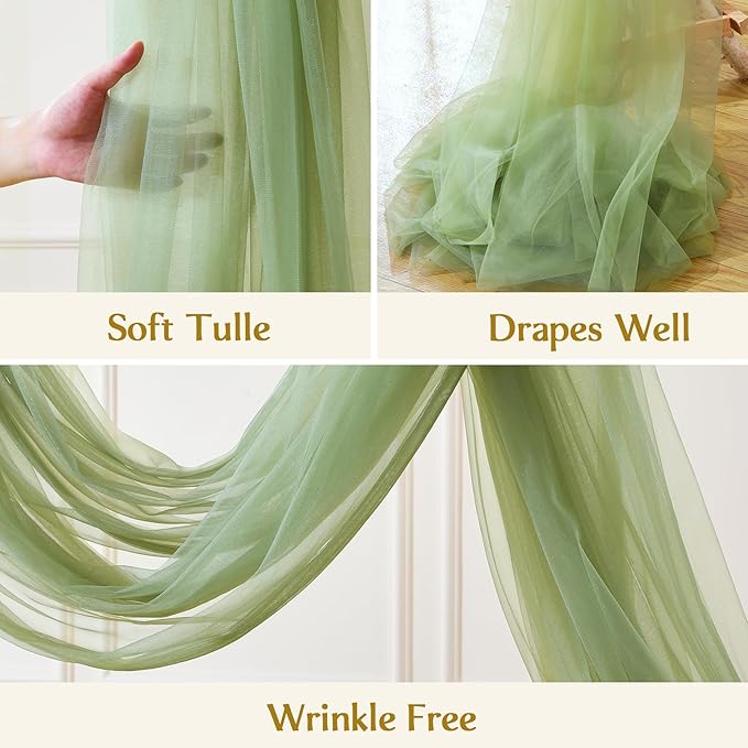 Wedding Arch Draping Fabric Backdrop 2 Panel 60" x 26Ft Sage Green Drapes Curtains for Wedding Reception Sheer Tulle Backdrop Curtain for Ceremony Birthday Party Baby Shower Arbor Ceiling Decorations