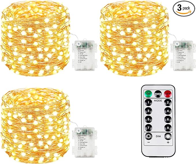 3Pack 99Ft 300LED Fairy Lights Battery Operated with Remote, Waterproof String Lights with Timer for Indoor & Outdoor, Twinkle Lights Battery Powered for Bedroom Wedding Christmas Decor (Warm White)
