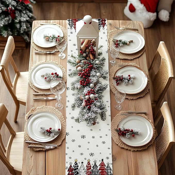 GEEORY Christmas Table Runner 13x36 Inch, Xmas Tees Snowflakes Holiday Decorative Farmhouse Table Decoration for Kitchen Dinning, Indoor Outdoor Dinner Party Decor (Red & Black) GT165-36
