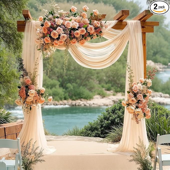 2 Panels Wedding Arch Draping Fabric Champagne Sheer Backdrop Curtain Arch Drape for Wedding Ceremony Reception,Bridal Shower Party Decorations 28" X 19ft