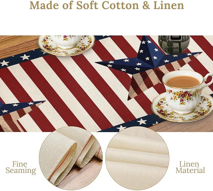 4th of July Table Runner, Patriotic Independence Day American Stars Stripes Flag Print Table Runner for Farmhouse Kitchen Dining Holiday Birthday Party, 13x36inch