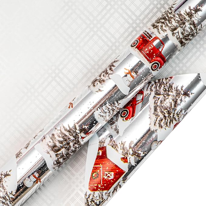 LeZakaa Christmas Silver Wrapping Paper Jumbo Roll for Boy Kid, Red Truck, Snowy Pine Forest & Grid Plaid, Silver Foil Reversible Design for Winter Holiday Family Gathering, 30 inches x 100 Feet