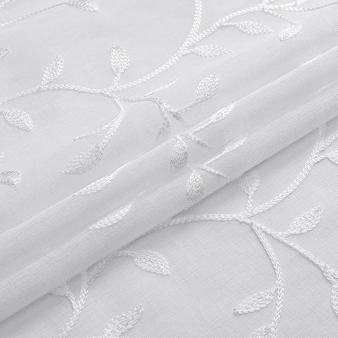 VISIONTEX White Sheer Voile Curtains, Decorative Beige Leaves Embroidery Faux Linen Rod Pocket Window Drapes for Home Kitchen, Living Room and Bedroom 54 x 63 Inch, Set of 2 Curtain Panels