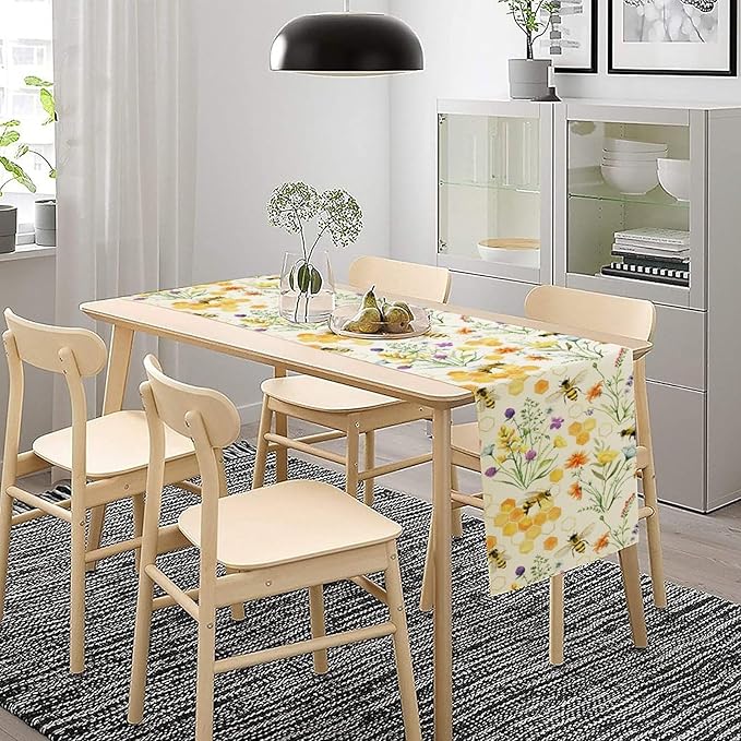 Summer Bee Table Runner, Seasonal Spring Wildflowers Bee Yellow Honeycombs Farmhouse Table Runner for Kitchen Dining Table Home Party Decor, 13x120inch