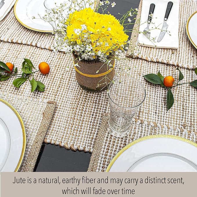 Chardin home Natural Jute Table Runner 13x72 Inch – Vintage Boho Rustic Table Decor – Handwoven Table Runner in Natural Jute and Ivory – Farmhouse Dining or Console Table Accent