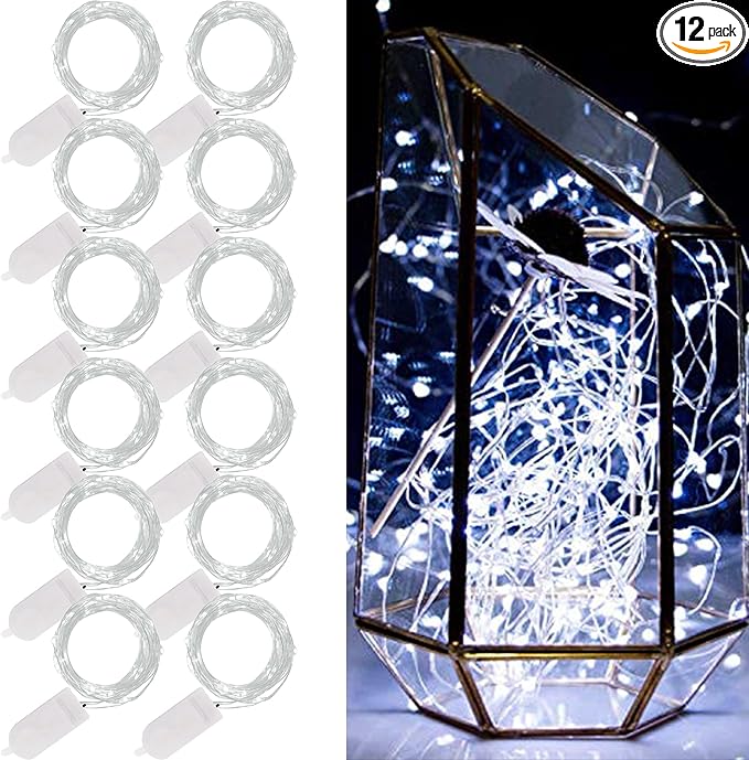 WATERGLIDE 12 Pack Fairy Lights Battery Operated (Included), 7 ft 20 LED Mini String Lights, Waterproof Silver Wire Firefly Starry Lights for DIY Wedding Christmas Party Mason Jars Decor, Cool White