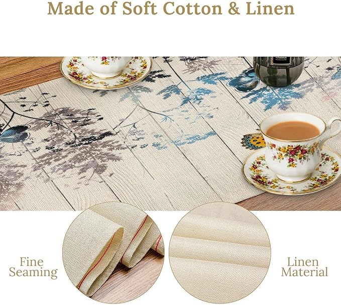 Nature Dandelion Table Runner,Rustic Floral Wood Plank Butterfly Girl Women Pattern Print Burlap Tablecloth for Hotel Indoors Outdoor Dining Room Kitchen Table Decor, 13x36in