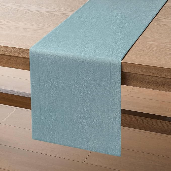 ZeeMart Linen Textured Border Table Runner, 14 x 90 Inch Blue, Farmhouse Style Dusty Blue Table Runners 90 Inches Long, Easy Care Everyday Polyester Table Runner