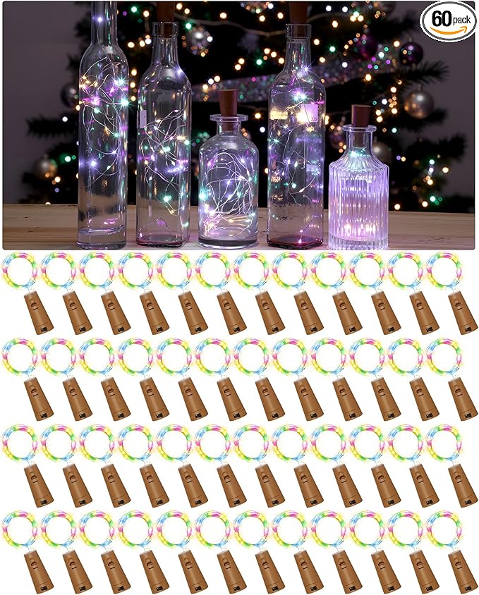 Hortsun 60 Pack Wine Bottle Lights with Cork Fairy Mini String Lights Battery Operated Mini Waterproof 7 ft Silver Wire 20 Led Cork Shape for Christmas, DIY, Party, Decor, Wedding, Bar (Multicolor)