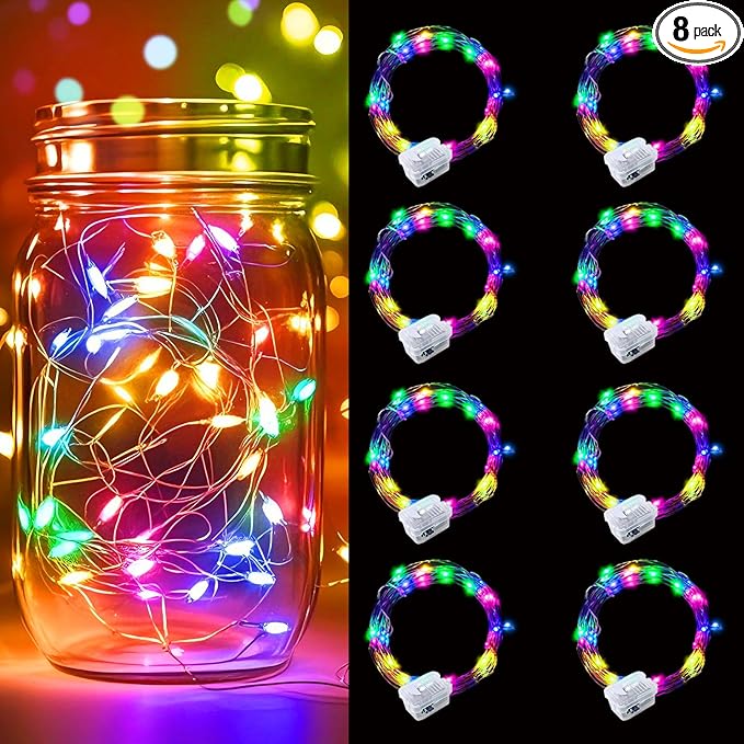 pozzolanas 8 Pack Multicolor Battery Operated String Lights - 7ft Waterproof Fairy Lights with 20 LEDs for Home, Mason Jar, Party, Wedding, Halloween, Christmas Decorations