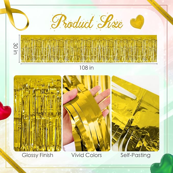 3 Pack Red Green Gold Table Skirts, 29x108" Metallic Foil Tinsel Fringe Table Skirt for Rectangle Tables Streamer Curtains Backdrop, Party Decorations for Birthdays, Weddings, Holidays