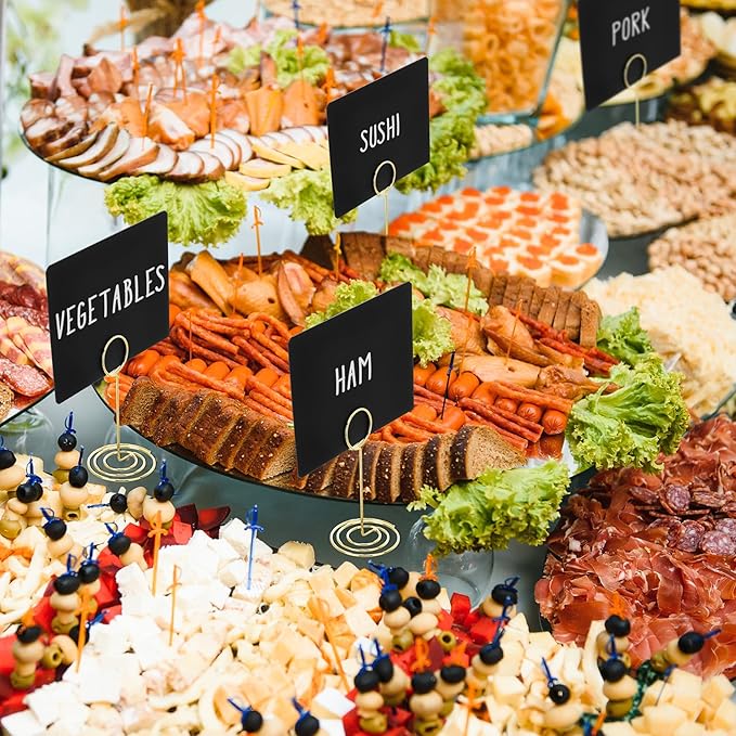 TecUnite 24 Pack Mini Chalkboard Signs, 4"x3" Small Table Place Cards with Metal Stand and 2 Marker Pens Food Labels for Party Buffet, Tabletop Blackboard Signs Name Tags for Wedding Bakery(Gold)