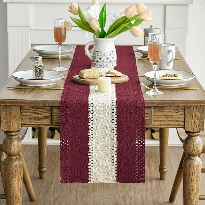 Artoid Mode Red Farmhouse Rustic Table Runner, Seasonal Hollow Kitchen Dining Table Decoration for Home Party Decor 12x90 Inch