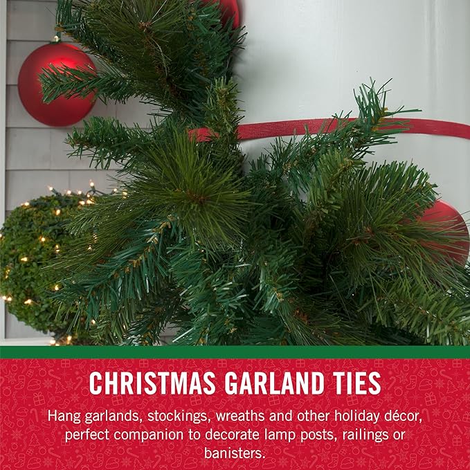 VELCRO Brand Holiday Garland Ties or Cable Straps | Hang Garlands, Lights or Wreath | for Banister, Railings, Stairs or Lamp Posts | 30ft Roll Cut to Custom Length | Green