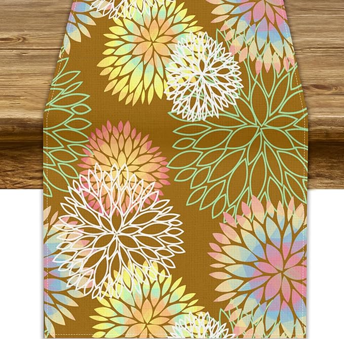 Brown Grey Dahlia Flower Table Runner, Linen Geometric Pattern Floral Table Decor Spring Farmhouse Decorations for Kitchen Dining Holiday Party Decor, 13x36 Inch
