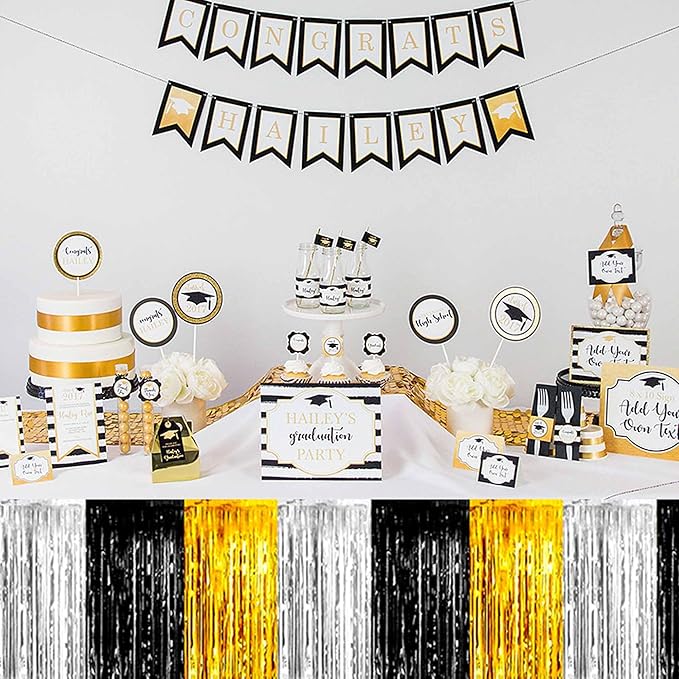 3 Pack Black Gold Silver Foil Fringe Table Skirts Metallic Tinsel Streamers Garland Banner Backdrop for Table Decor, Parade Float, Birthday, Wedding, Halloween, Christmas Party Decorations(29x108 In)
