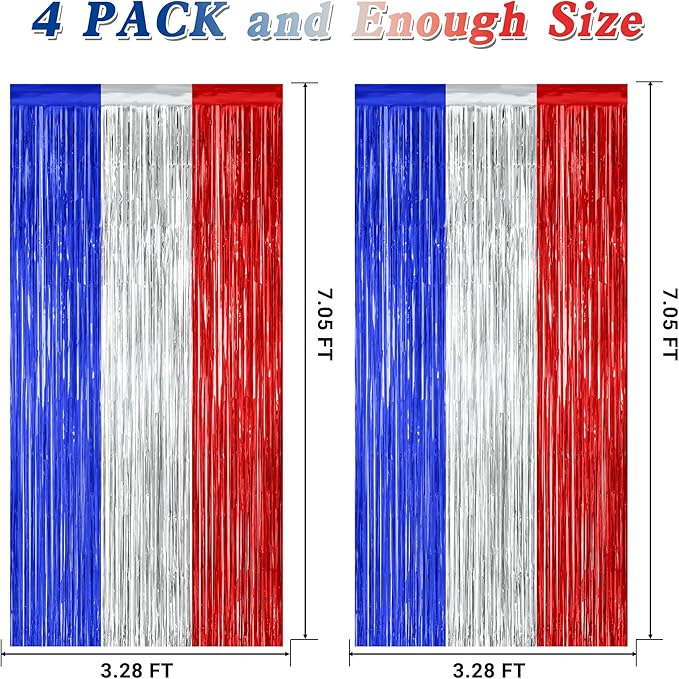 4 Pack 4th of July Decorations, 3.28 FT x 7.05 FT Independence Photo Backdrop, Metallic Blue Silver Red Backdrop Curtains Fringe Curtains Party Streamer, Patriotic Decor Fourth of July Party Supplies