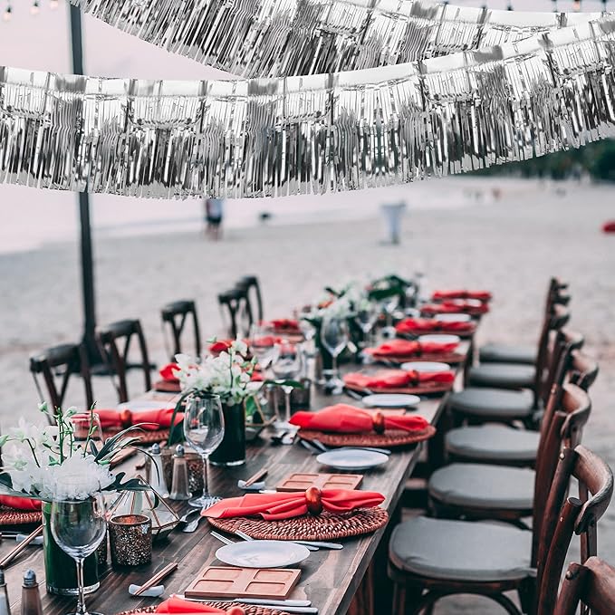4 Pack Iridescent Fringe Curtains, Metallic Foil Fringe Garland Wall Hanging Drapes Tassel Foil Float for Parade Trailer, Birthday Holiday Outdoor/Indoor Party Decoration (Silver)