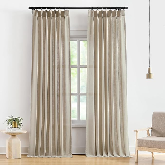 Vision Home Sand Pinch Pleated Semi Sheer Curtains Textured Linen Blended Light Filtering Window Curtains 120 inch for Living Room Bedroom Pinch Pleat Drapes with Hooks 10ft 2 Panels 40" Wx120 L