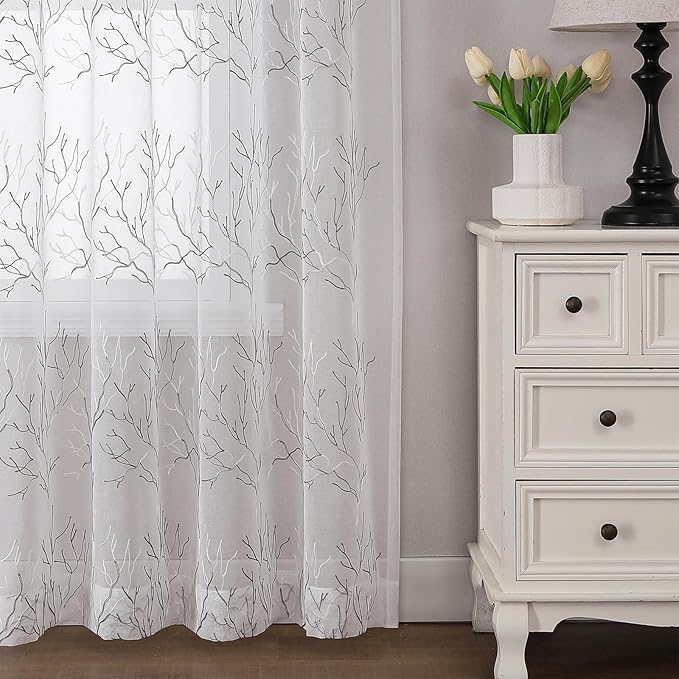 VISIONTEX Sheer Curtains 63 inch Length 2 Panels Set, Decorative Grey Coral Embroidery, Rod Pocket Embroidered Window Drapes for Living Room and Bedroom, 54" x 63"