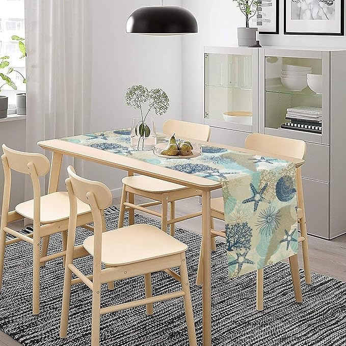 Nautical Coastal Table Runner，Ocean Themed Starfish Coral Conch Beach Kitchen Dinning Table Decoration for Indoor Outdoor Home Party Decor 13x108 Inch