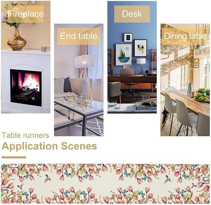 Flowers Table Runner,Floral Bird Butterfly Spring Table Cloth Kitchen Dining Table Home Party Decoration 13x72 Inch