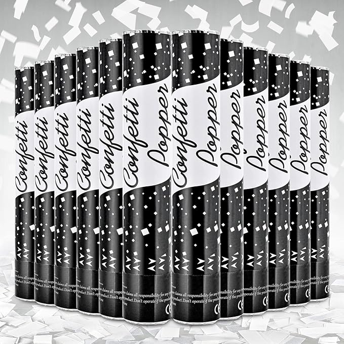 Confetti Poppers 12 Pack - White Confetti Cannons for Wedding, Birthday, Graduation, Baby Shower, Anniversary, Christmas & New Year's