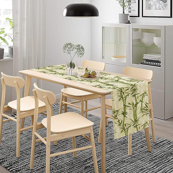 Bamboo Table Runner,Green Plant Leaf Pattern Table Cloth Kitchen Dining Table Home Party Decoration 13x90 Inch