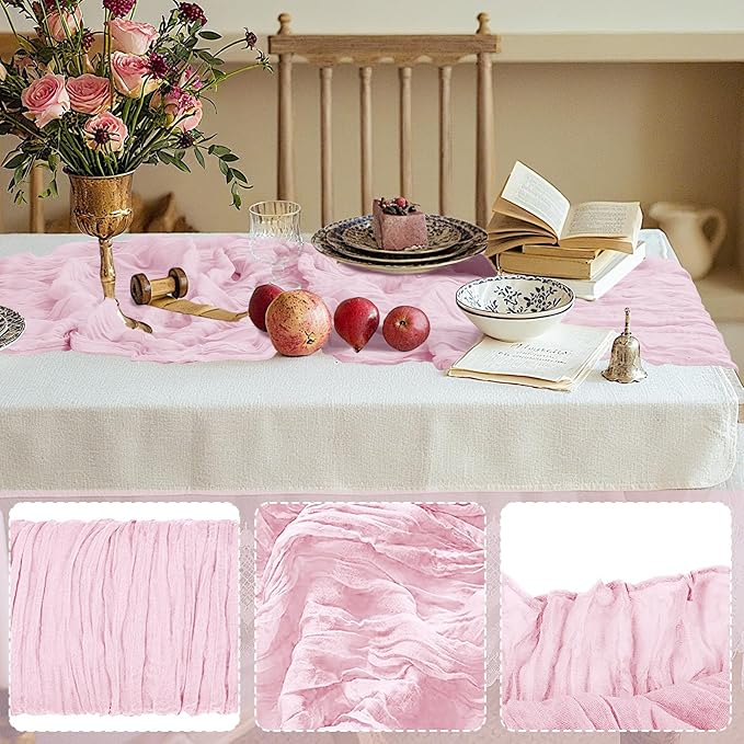 12 Pack Cheesecloth Table Runner 10Ft Christmas Gauze Boho Table Runners for Wedding Decor Bridal Shower Decorations Baby Shower Party(35" x 120")(Blushing Pink)
