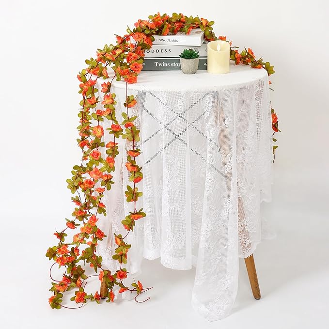 KHOYIME 9 Pack 72 FT Artificial Fall Flower Garland, Fake Orange Roses Vines Silk Flowers Faux Plastic Outdoor Hanging Floral Garland Autumn Decoration for Indoor Table Home Wall Backdrop Room Decor