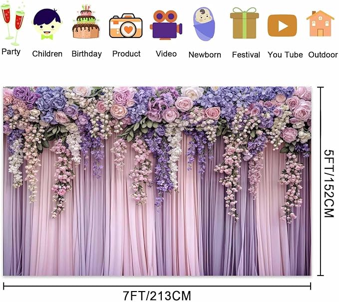 9x6ft Purple Flower Wedding Photography Backdrop Lavender Floral Wedding Bridal Photography Backdrop Anniversary Birthday Baby Shower Girl Party Banner Photo Booth Props Background Wall Decor