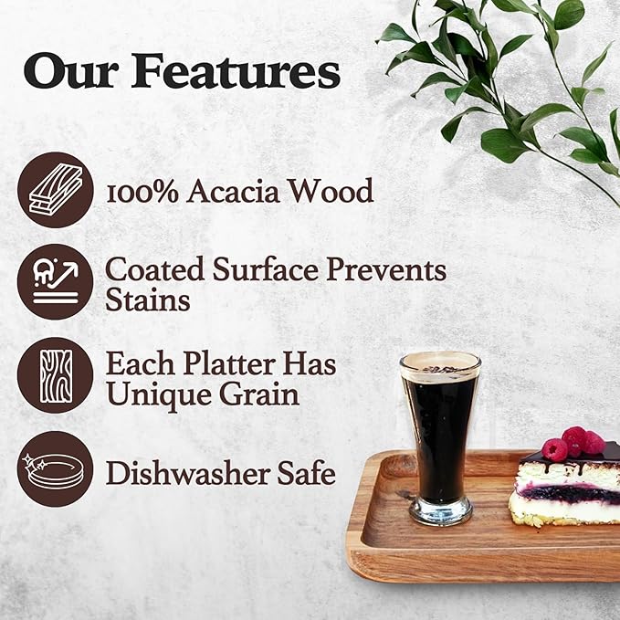 Versatile Acacia Wood Serving Trays - Set of 3 Elegant Platters for Home Decor and Hosting - Perfect for Cheese, Fruit, and Charcuterie Presentation (Large)