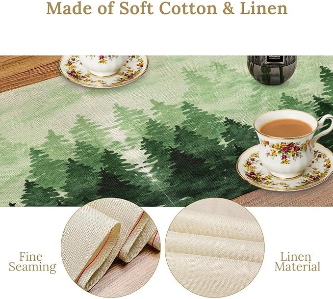 Foggy Forest Table Runner,Watercolor Wreen Misty Forest Landscape Table Runner for Kitchen Dining Table Home Party Decoration 13x90 Inch