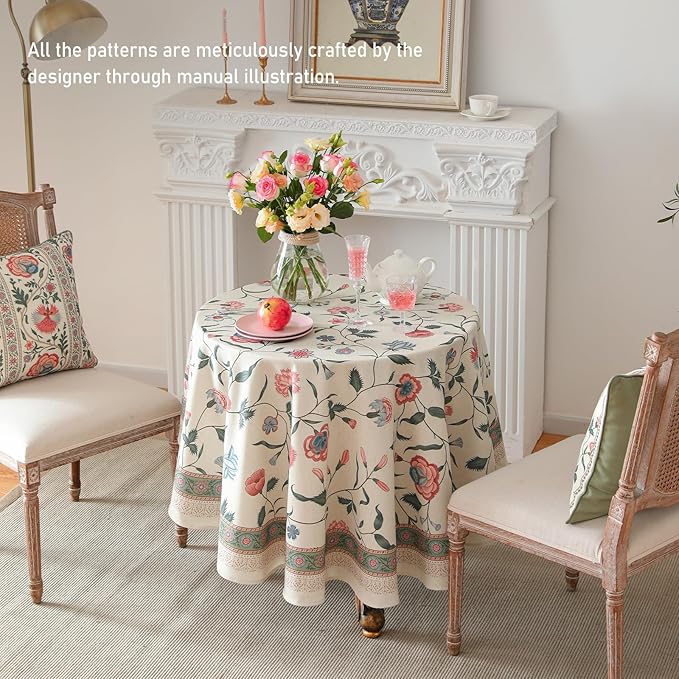 ISAENNE Designer Chinoiserie Linen Floral Round Tablecloth,White Wrinkle Resistant Table Cloth,Elegant Decor Tablecloths for Dining Thanksgiving Kitchen Party Christmas,Diameter 67"-Daffy