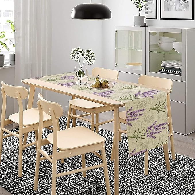 Floral Lavender Table Runner,Vintage Rustic Country Romantic Purple Flower Pattern Print Burlap for Hotel Indoors Outdoor Dining Room Kitchen Home Decor, 13x70in