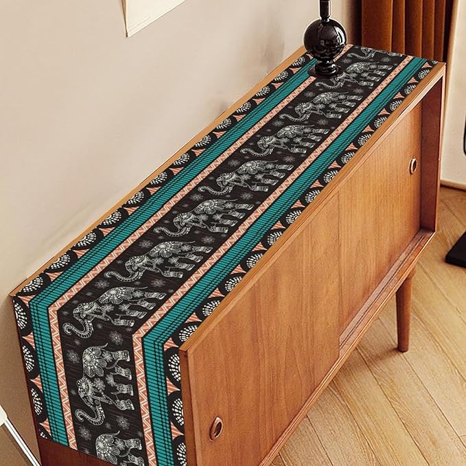 Boho Elephant Table Runner, Vintage Tribal Traditional Bohemian African Animals Ethnic Folk Table Center Decor for Home Kitchen Dining Patio Holiday Party Indoor Table Decorations, 13"x72" Inch