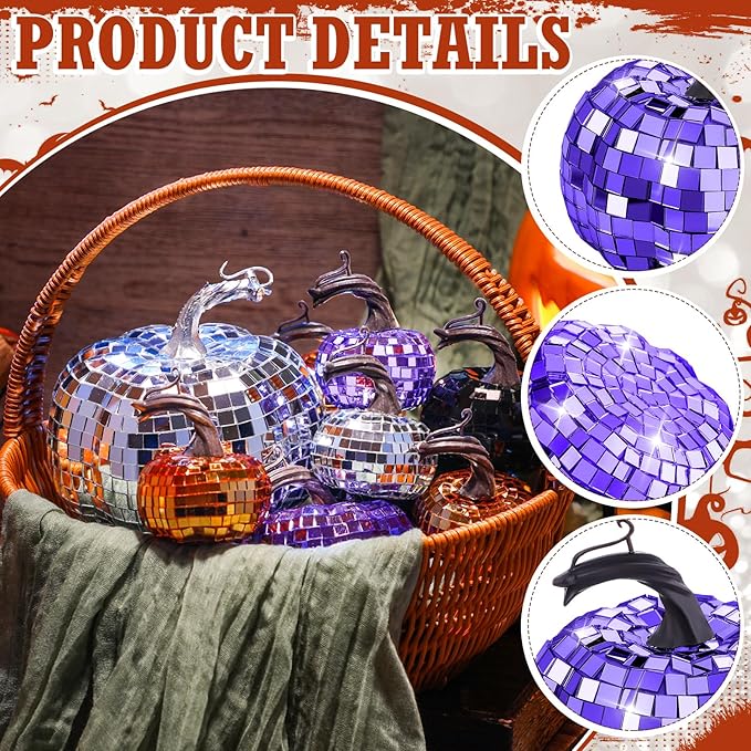 Lenwen 12 Pcs Artificial Disco Pumpkin Glitter Mirror Pumpkin for Decorating Fall Farmhouse Hanging Ornament Harvest Decor for Halloween Thanksgiving Table Centerpiece(Orange, Sliver, Black, Purple)