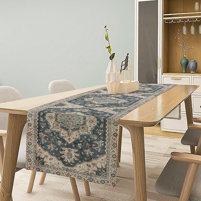 Boho Bohemia Style Table Runner, Vintage Blue Retro Flower Rustic Country Style Floral Print Pattern for Home Kitchen Table Decor Dining Coffee Room Garden Party Decor 13x108in