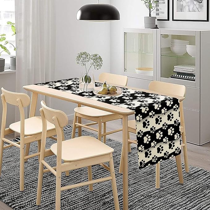 Dog Paw Table Runner,Kid Cute Animal Footprint Black White Theme Design Print Tablecloth Burlap for Hotel Indoors Outdoor Dining Room Kitchen Home Decor,W13X L90 in