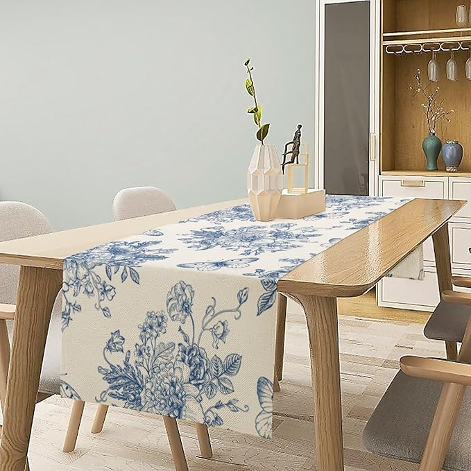 Monochrome Sketch Flowers Table Runner, Seasonal Spring Fall Plants Blue Florals Butterfly Dinner Runner for Home Kitchen Dining Table Party Holiday Decoration 13"x120"