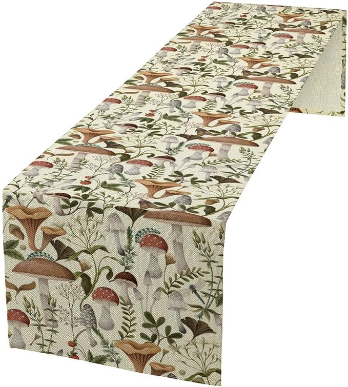 Mushroom Table Runner,Vintage Forest Flower Plant Print Table Runner for Kitchen Dining Table Home Party Decoration 13x108 Inch