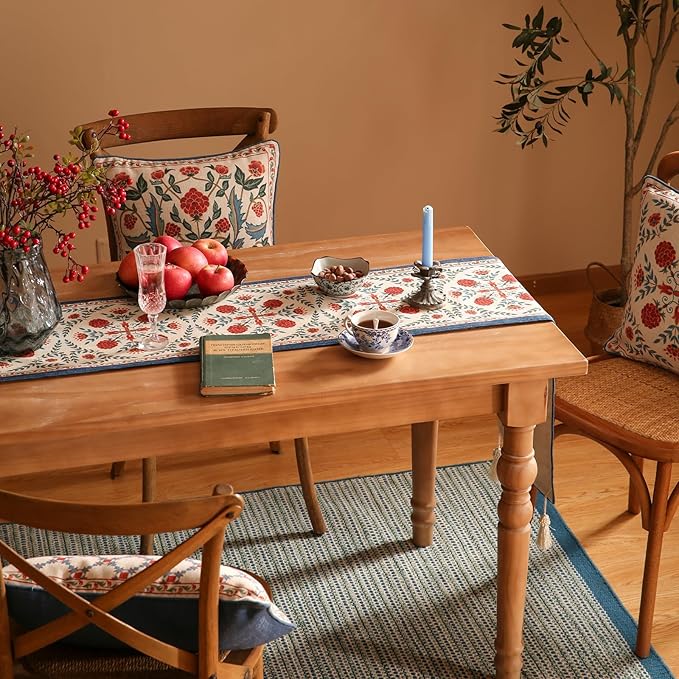 patdrea Designer Vintage Bright Farmhouse Linen Table Runner 87 Inch Long, Maroon Floral Pattern Table Mat, Decoration for Kitchen Dining Table Coffee Table Cabinet Banquet Christmas ,12"*87"