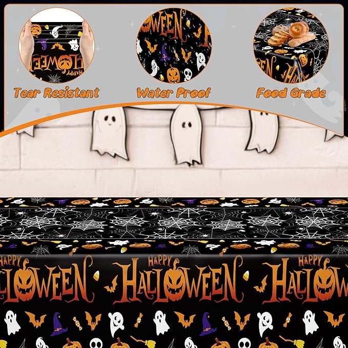 QZYL 12 Pack Halloween Plastic Tablecloth, 54" x 108" Pumpkin Decorations, Spider Webs Pumpkin Design Disposable Table Cloth Tablecover, Halloween Party Decor Dinnerware Indoor