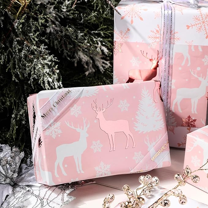 LeZakaa Christmas Pink Wrapping Paper Jumbo Roll, Reindeer & Snowflake, Metallic Foil, Rose Gold Foil Reversible Design for Festive Winter Holiday, Family Gathering, 30 inches x 32.8 Feet
