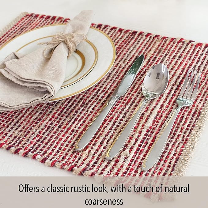Chardin Home Natural Jute & Red Placemats, Set of 4 – Rustic Handmade Boho Table Mats, 13x19 Inch Dining Table Placemats for Kitchen, Everyday Meals, Holidays, Farmhouse or Modern Table Décor
