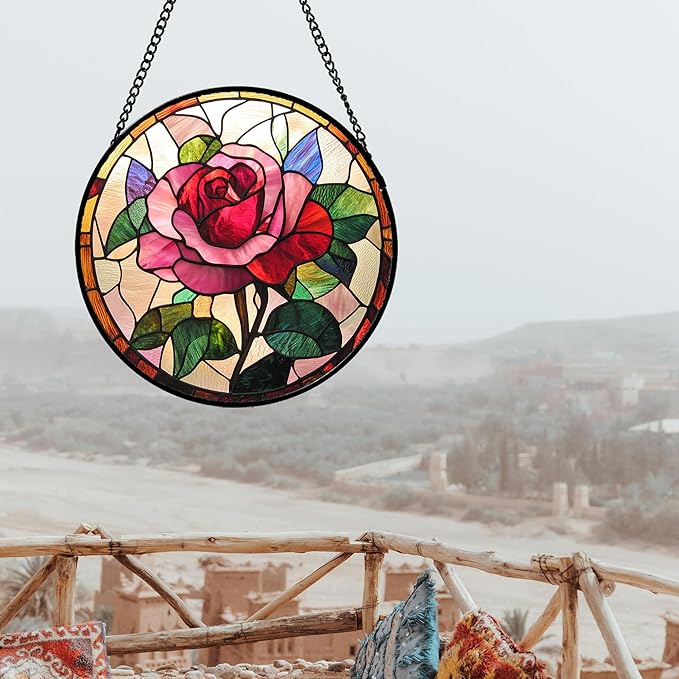 Stained Glass Window Hanging - Pink Rose Suncatcher for Door Garden Home Decor Birth Flower Sun Catcher Christmas Birthday for Friend Lovers Women Mom Nana 15 in